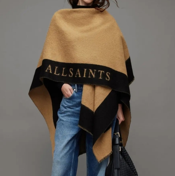 All Saints Accessories - NWT Saints Border Logo Wool Ruana Scarf - Camel/Black
